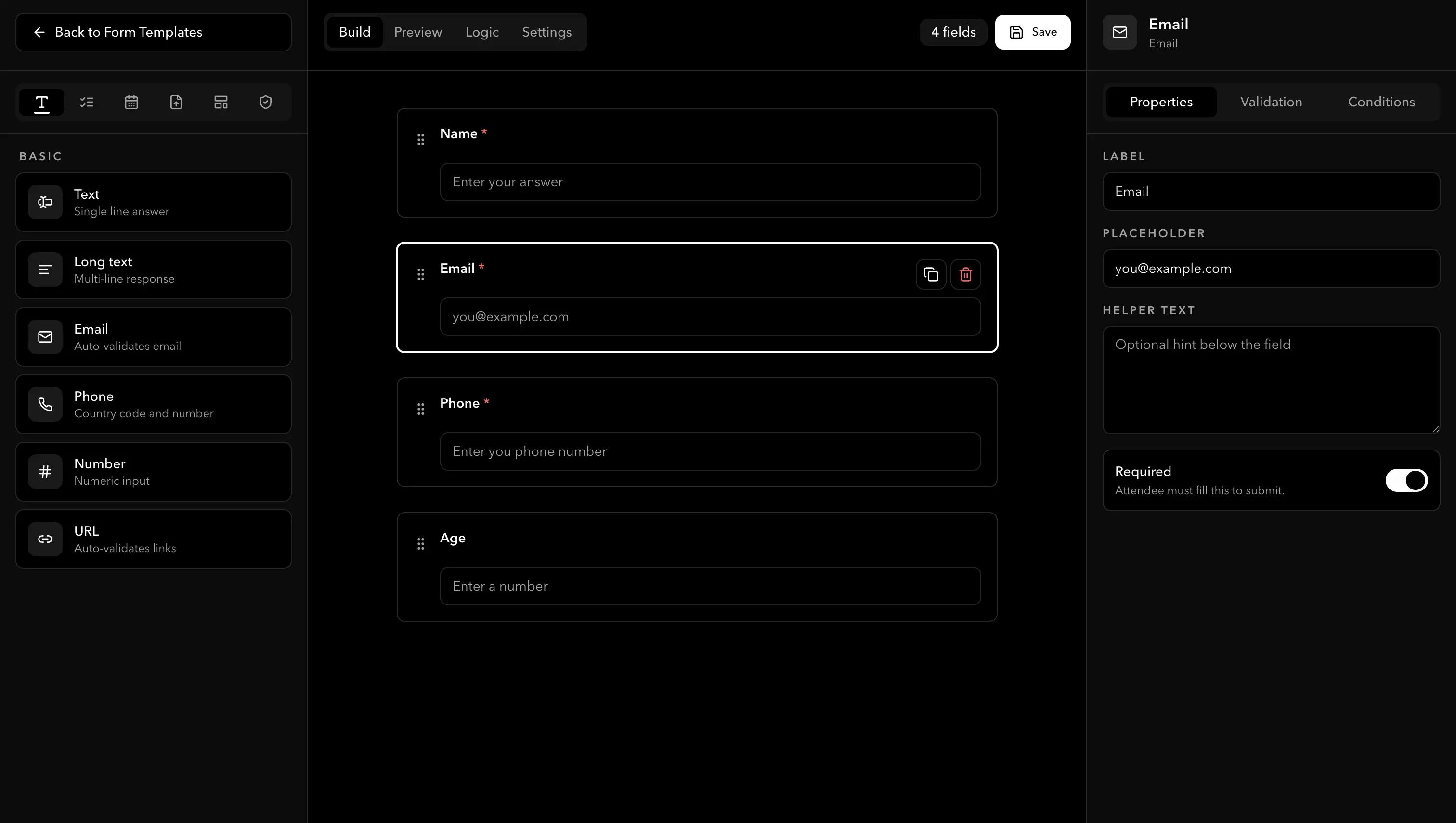Registration form builder product screen